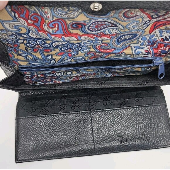 Tignanello Black Wallet Large Pebbled Leather Paisley Lined - Picture 4 of 8